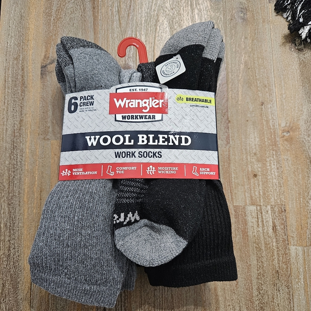Wrangler Mens Workwear Wool Blend Work Socks 6 Pack Sz 6-12 Black/Gray NWT